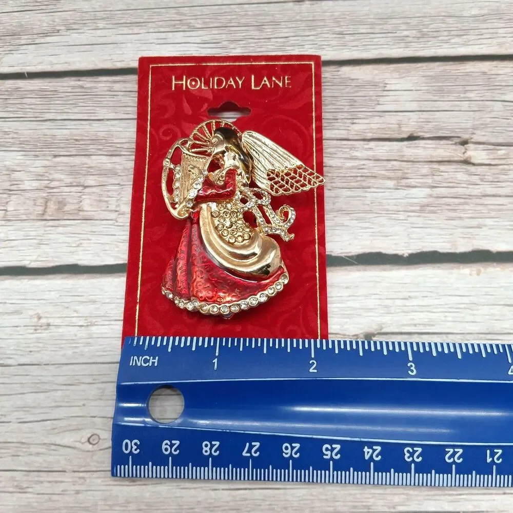 Holiday Lane Christmas Angel brooch Red Enamel Gold-Tone Lapel Pin
